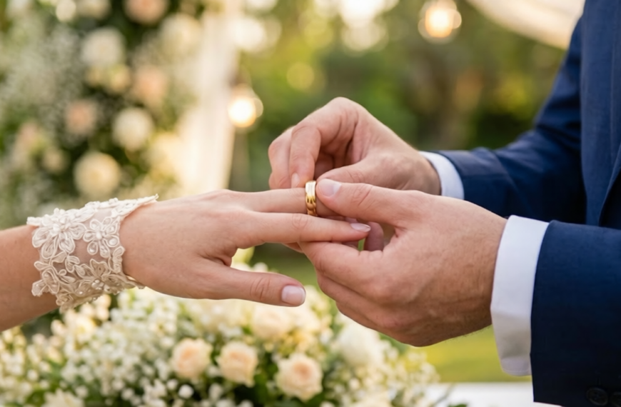 Close-up of a groom in a navy suit placing a gold ring on the bride’s finger during a wedding ceremony, surrounded by flowers and greenery, reflecting Sri Lankan wedding traditions, mangala yojana, marriage proposals in Sri Lanka, matrimony Sri Lanka, srilanka matrimony, lanka brides and grooms, Buddhist matrimony, Catholic marriage proposals, liyathabara marriage proposals in Sri Lanka, and Poruwa.lk | ශ්රී ලාංකීය මංගල යෝජනා.
