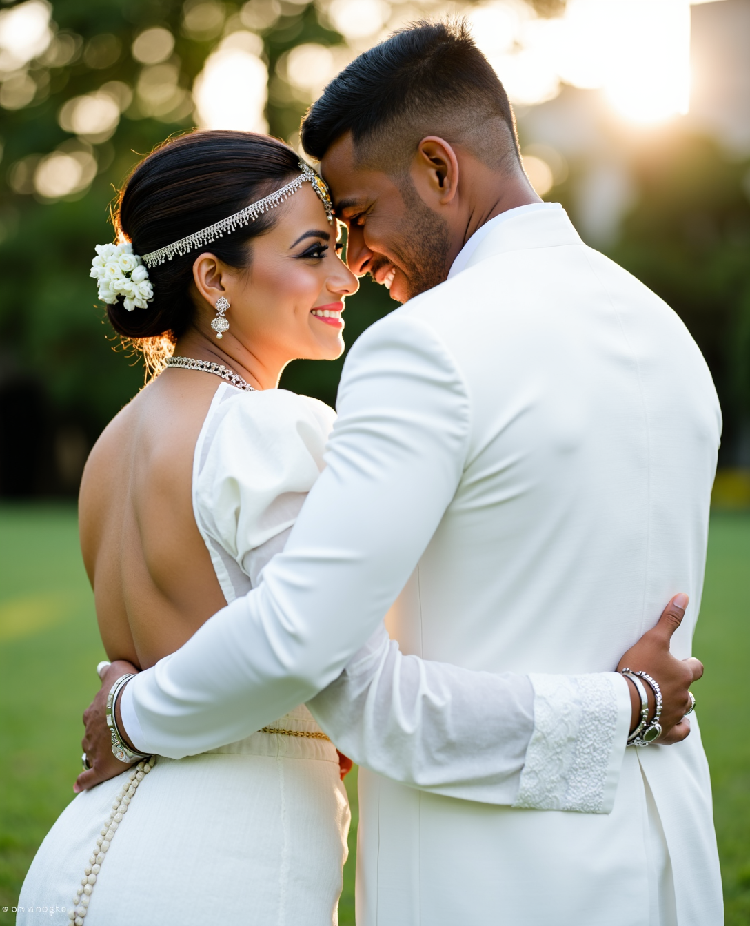 Outdoor wedding ceremony in a park featuring colorful wedding decorations, traditional attire, floral arrangements, and guests celebrating a beautiful marriage ceremony.