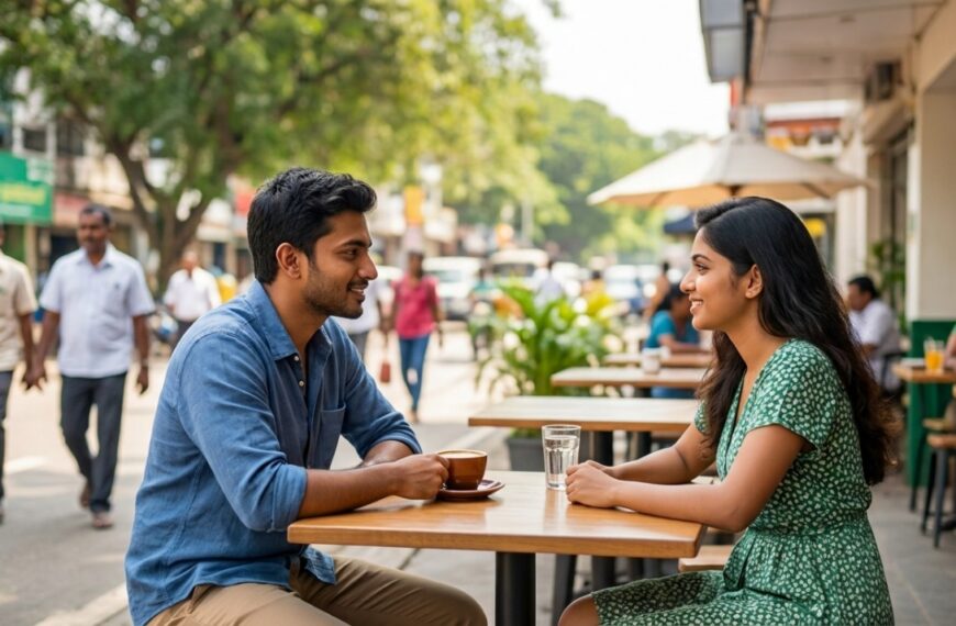 A smiling young couple enjoys coffee at an outdoor café table on a lively, leafy city street, conveying a warm, relaxed mood.