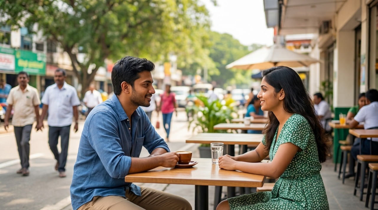 A smiling young couple enjoys coffee at an outdoor café table on a lively, leafy city street, conveying a warm, relaxed mood.