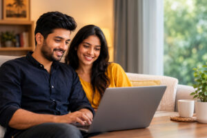 A couple sitting together on a couch at home, using a laptop while discussing marriage and sharing ideas, representing modern mangala yojana, marriage proposals in Sri Lanka, marriage proposals Sri Lanka, matrimony Sri Lanka, srilanka matrimony, මංගල යෝජනා, mangala sewaya, lankamatrimony, liyathabara marriage proposals in Sri Lanka, Catholic marriage proposals, and trusted online matrimonial services.