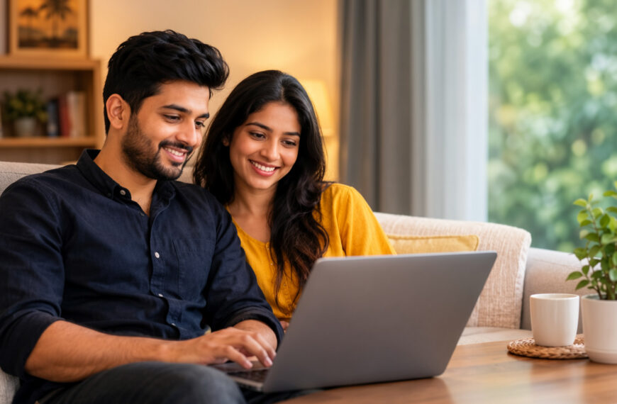 A couple sitting together on a couch at home, using a laptop while discussing marriage and sharing ideas, representing modern mangala yojana, marriage proposals in Sri Lanka, marriage proposals Sri Lanka, matrimony Sri Lanka, srilanka matrimony, මංගල යෝජනා, mangala sewaya, lankamatrimony, liyathabara marriage proposals in Sri Lanka, Catholic marriage proposals, and trusted online matrimonial services.