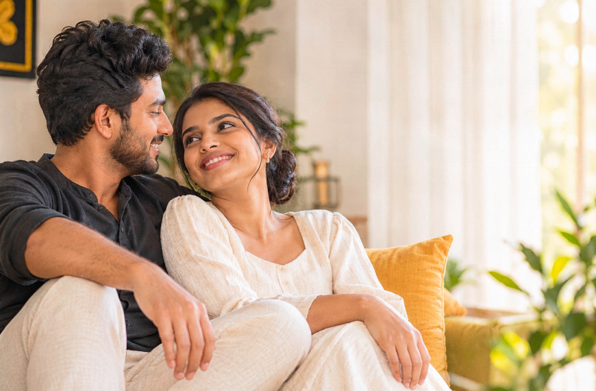 Smiling couple cuddles on a sofa in a sunlit living room, sharing a warm moment that represents marriage proposals, mangala yojana, මංගල යෝජනා, mangala sewaya, marriage proposals in Sri Lanka, marriage proposals Sri Lanka, matrimony Sri Lanka, srilanka matrimony, lankamatrimony, mangala ads.lk, Silumina marriage proposals, Sunday Observer marriage proposals, liyathabara marriage proposals in Sri Lanka, and Catholic marriage proposals.