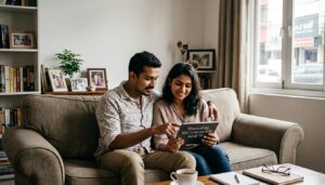 Smiling couple reading a book together on a cozy sofa, surrounded by bookshelves, plants and framed photos, representing married life, mangala yojana, marriage proposals in Sri Lanka, marriage proposals Sri Lanka, matrimony Sri Lanka, srilanka matrimony, මංගල යෝජනා, mangala sewaya, lankamatrimony, and meaningful relationships.