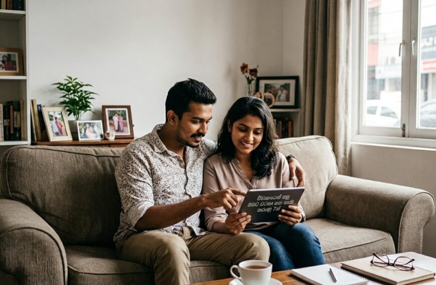 Smiling couple reading a book together on a cozy sofa, surrounded by bookshelves, plants and framed photos, representing married life, mangala yojana, marriage proposals in Sri Lanka, marriage proposals Sri Lanka, matrimony Sri Lanka, srilanka matrimony, මංගල යෝජනා, mangala sewaya, lankamatrimony, and meaningful relationships.