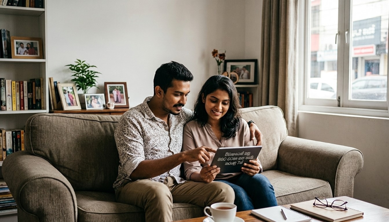 Smiling couple reading a book together on a cozy sofa, surrounded by bookshelves, plants and framed photos, representing married life, mangala yojana, marriage proposals in Sri Lanka, marriage proposals Sri Lanka, matrimony Sri Lanka, srilanka matrimony, මංගල යෝජනා, mangala sewaya, lankamatrimony, and meaningful relationships.
