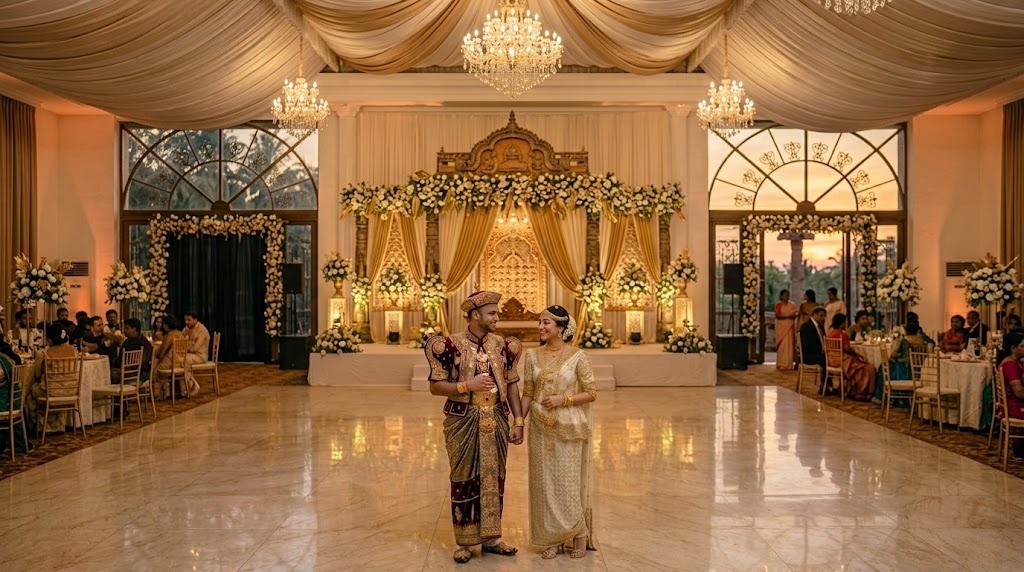 A Sri Lankan couple smiling together in front of a beautifully decorated wedding ceremony setup, celebrating their marriage and the traditions of Sri Lanka. A perfect representation of mangala yojana, marriage proposals in Sri Lanka, Sri Lankan marriage proposals, matrimony Sri Lanka, and srilanka matrimony, reflecting the journey of finding a life partner through marriage proposals online, marriage proposal Sri Lanka, vivaha yojana Sri Lanka, and මංගල යෝජනා.