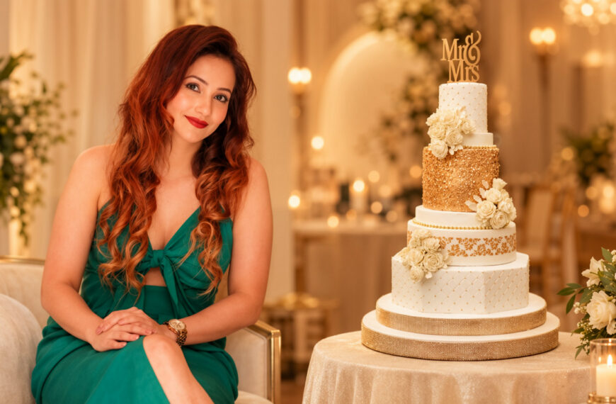 A woman in a green dress sits beside a beautifully decorated wedding cake, smiling at the camera, representing Sri Lankan marriage proposals, mangala yojana, matrimony in Sri Lanka, and traditional මංගල යෝජනා.