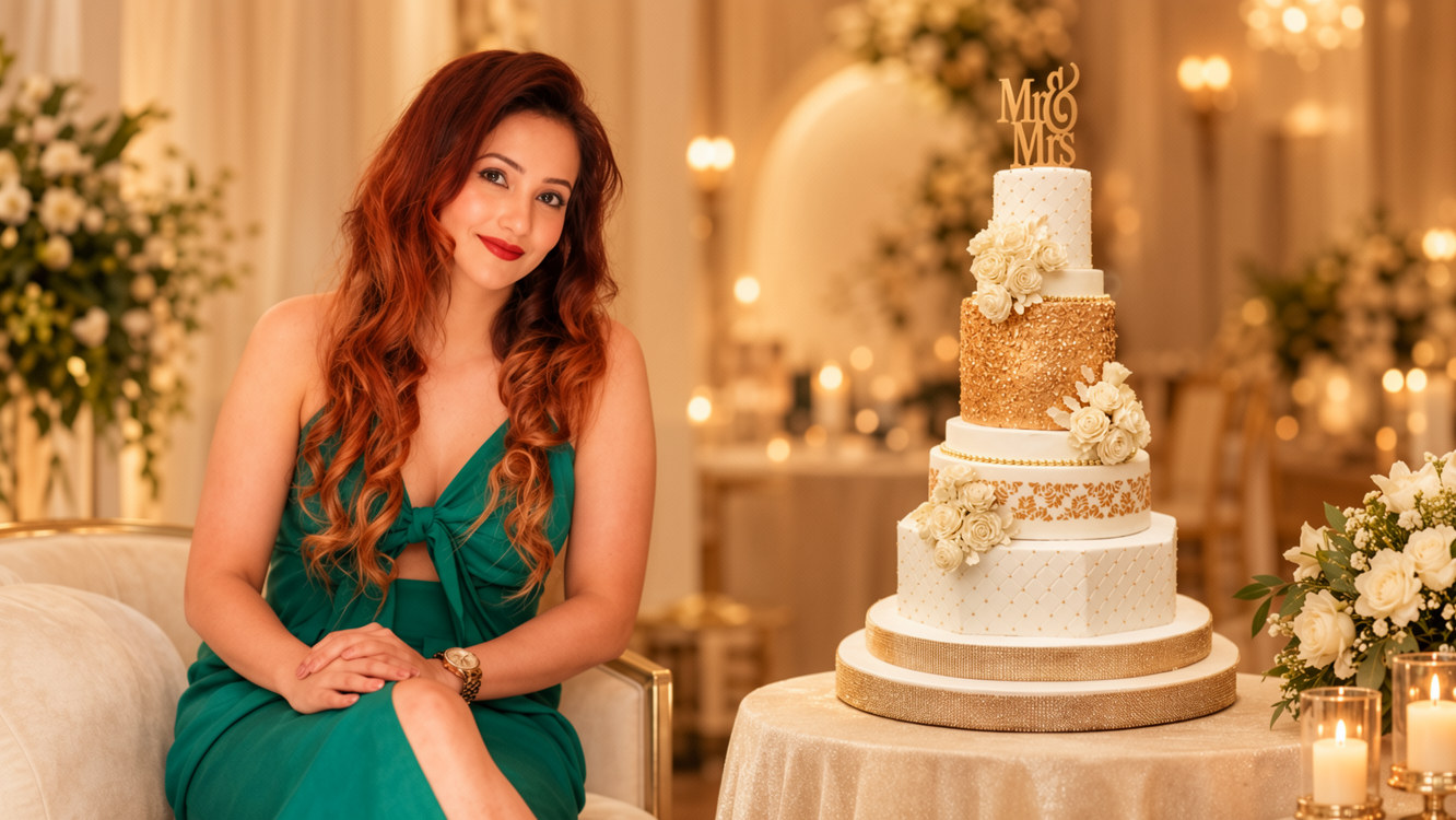 A woman in a green dress sits beside a beautifully decorated wedding cake, smiling at the camera, representing Sri Lankan marriage proposals, mangala yojana, matrimony in Sri Lanka, and traditional මංගල යෝජනා.