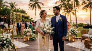 A traditional Sri Lankan wedding ceremony featuring a Sinhala bride and groom in elegant Kandyan attire, surrounded by floral decorations, celebrating mangala yojana, Sri Lankan marriage proposals, matrimony Sri Lanka, and traditional marriage customs.