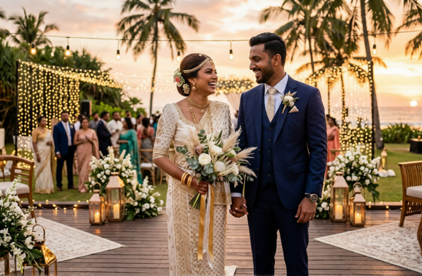 A traditional Sri Lankan wedding ceremony featuring a Sinhala bride and groom in elegant Kandyan attire, surrounded by floral decorations, celebrating mangala yojana, Sri Lankan marriage proposals, matrimony Sri Lanka, and traditional marriage customs.