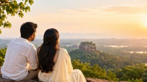 Couple sitting together on a rock and gazing at a vibrant sunset over the horizon, symbolizing love, companionship, marriage proposals in Sri Lanka, mangala yojana, matrimony Sri Lanka, srilanka matrimony, and the beginning of a meaningful lifelong relationship.
