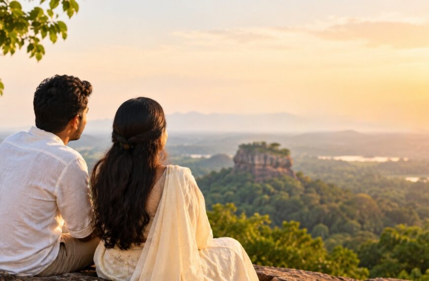 Couple sitting together on a rock and gazing at a vibrant sunset over the horizon, symbolizing love, companionship, marriage proposals in Sri Lanka, mangala yojana, matrimony Sri Lanka, srilanka matrimony, and the beginning of a meaningful lifelong relationship.