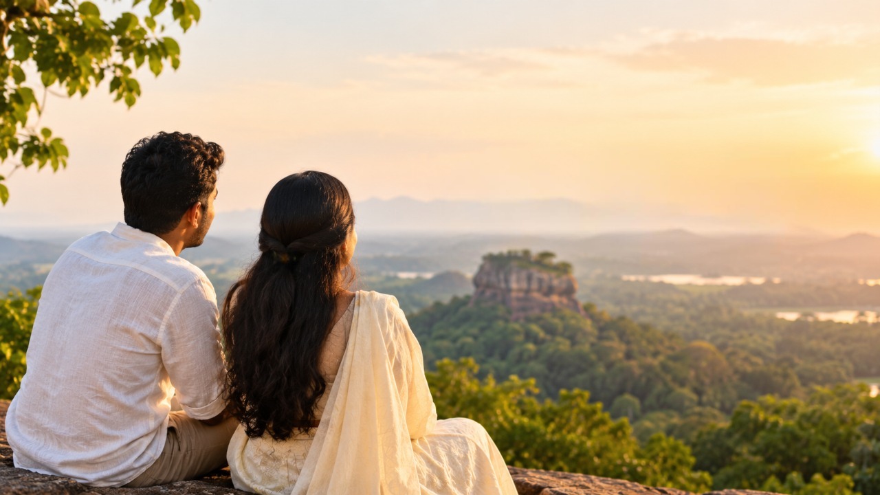 Couple sitting together on a rock and gazing at a vibrant sunset over the horizon, symbolizing love, companionship, marriage proposals in Sri Lanka, mangala yojana, matrimony Sri Lanka, srilanka matrimony, and the beginning of a meaningful lifelong relationship.
