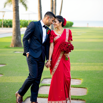 Man and woman standing together in traditional Sri Lankan attire, with the woman wearing a vibrant red sari, representing mangala yojana, marriage proposals in Sri Lanka, matrimony Sri Lanka, srilanka matrimony, and Sri Lankan wedding traditions for brides and grooms.