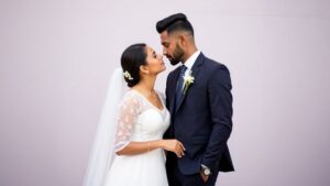 A joyful couple shares a beautiful wedding moment in Dubai, celebrating Sri Lankan marriage proposals and matrimony with elegant wedding photography by Poruwa.lk.
